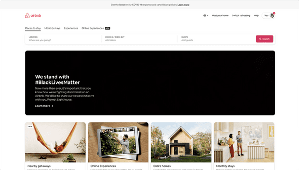 Airbnb's home page featuring a large banner for #BlackLivesMatter.