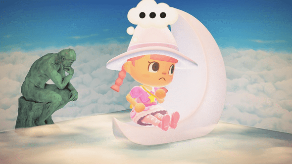 animal crossing villager sitting on a crescent moon contemplating with the thinker statue