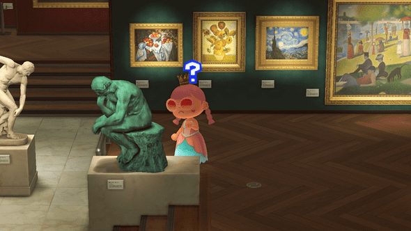 An animal crossing villager in an art museum thinking next to the Thinker statue.