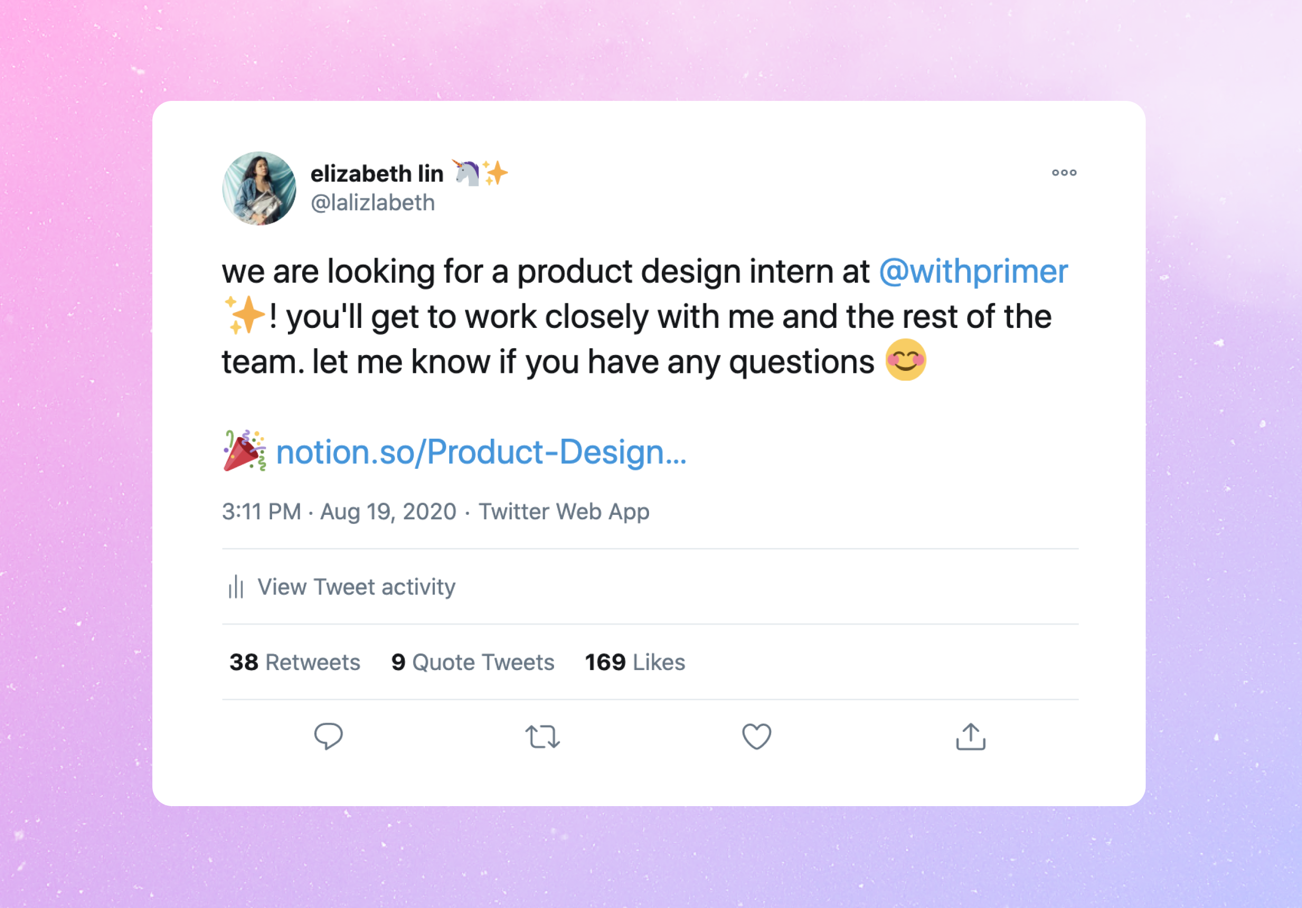 A tweet asking people to apply to the internship