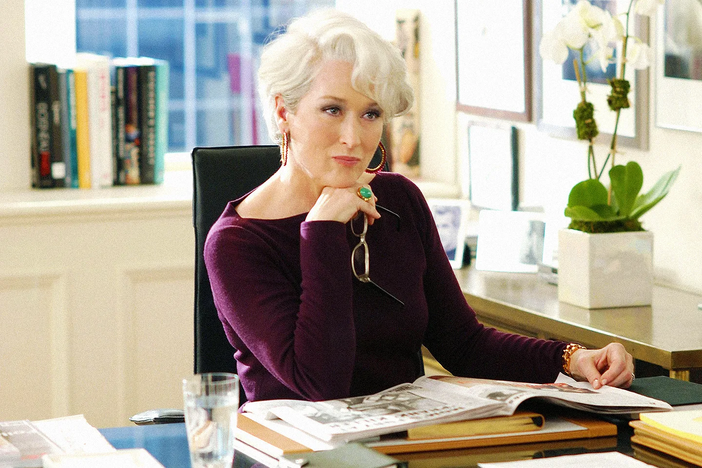 miranda priestly, the fashion director from devil wears prada looking judgey