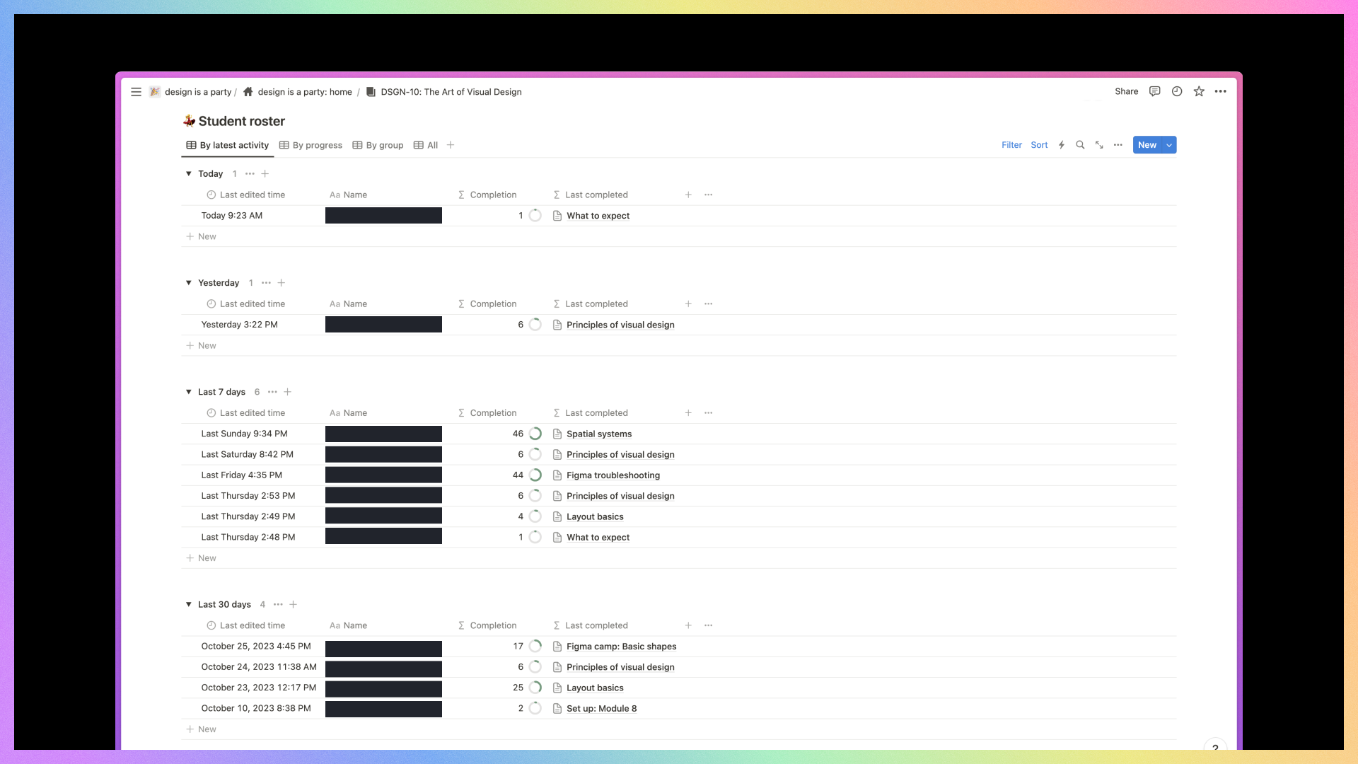 A screenshot of my notion tracking how the students are doing