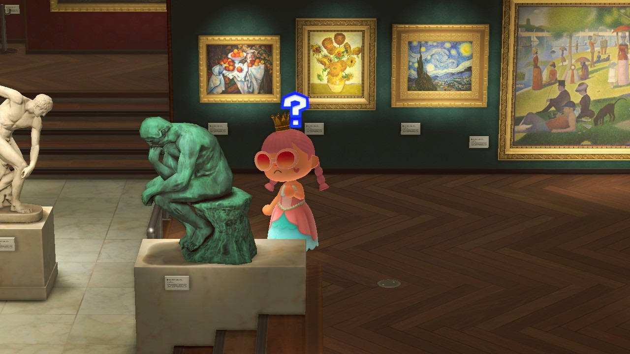 An animal crossing villager in an art museum thinking next to the Thinker statue.