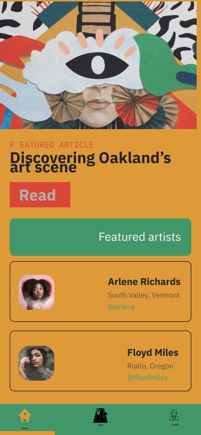 a really bad design of an art gallery searching app with clashing colors