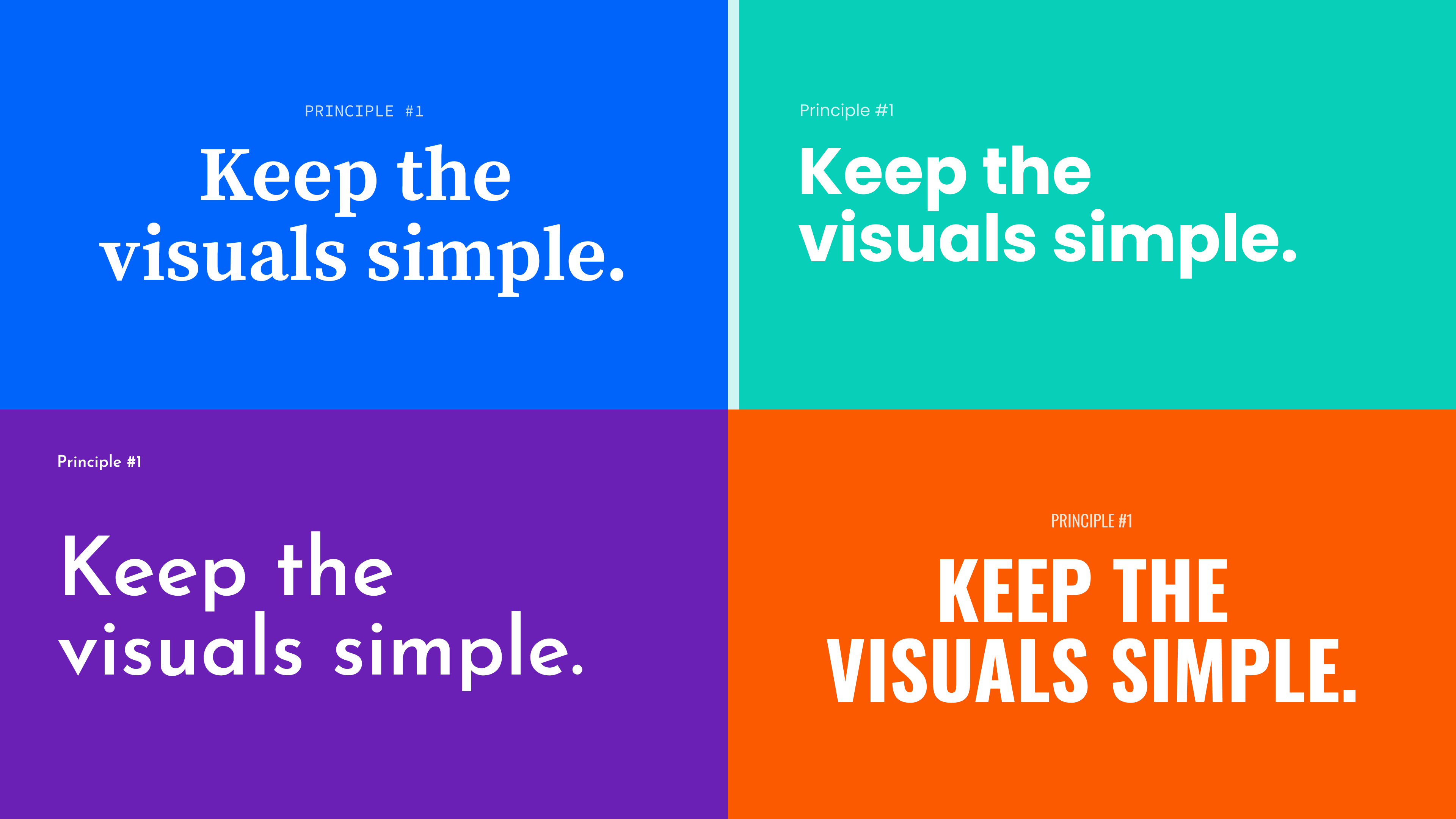 four versions of the same slide about keeping the visuals simple