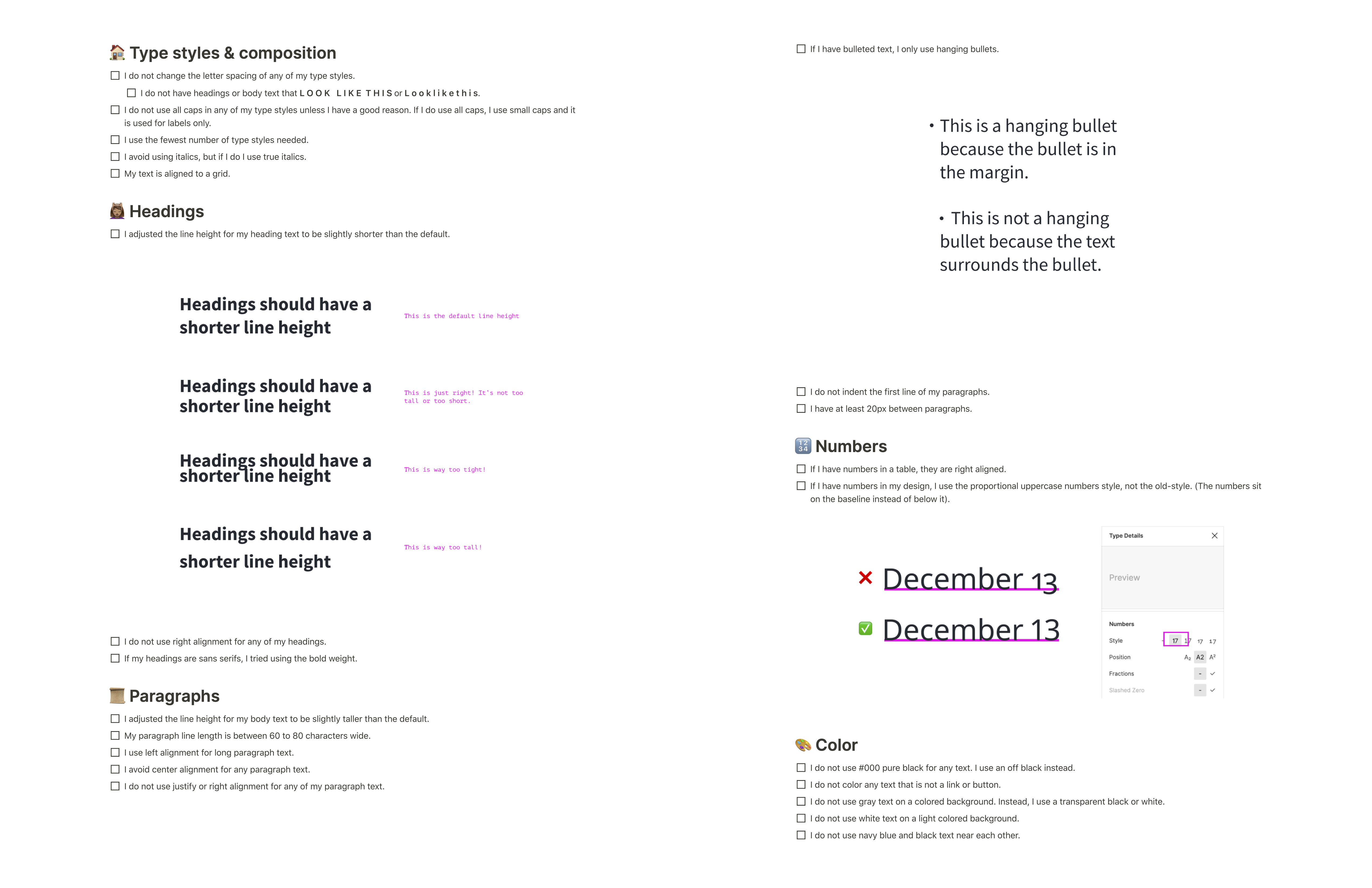 Continued checklist of typography principles