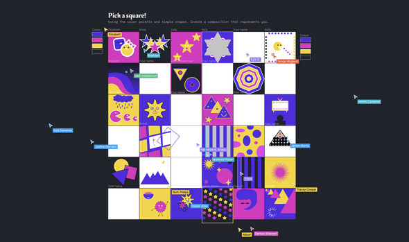 a quilt of illustrations in purple, pink, and yellow