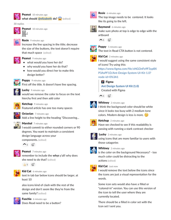 students giving suggestions for how i can fix the app in slack