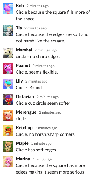 an example of a students responding to the question in slack. most students say circle because it's softer