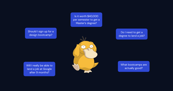 what bootcamp should you pick? psyduck in the center of a bunch of questions.