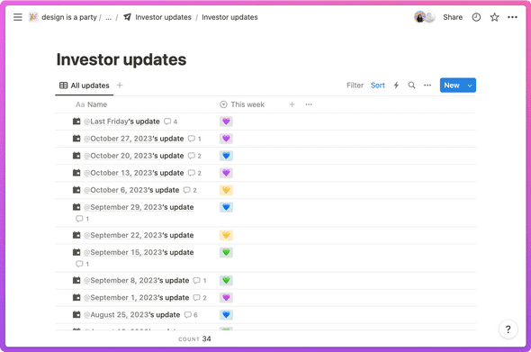 A screenshot of my notion page with all the investor updates