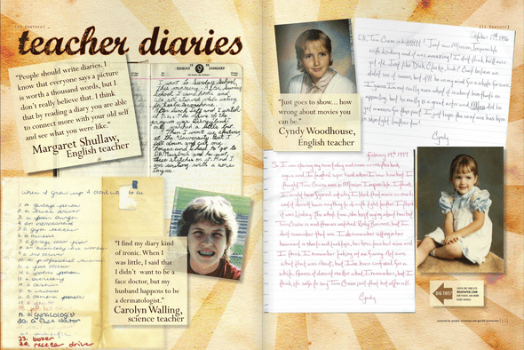 two page magazine spread about teacher diaries